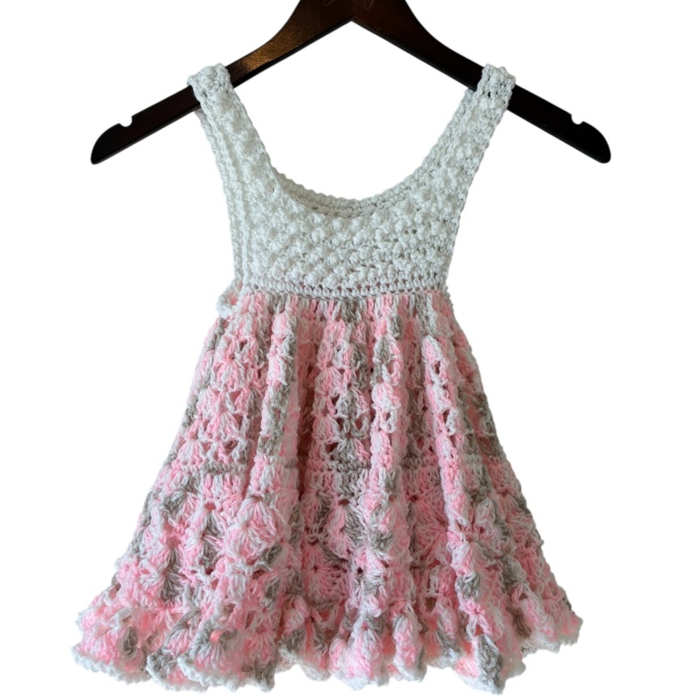 One of kind Handmade Pink and White Crochet Baby Girl Dress. 12M-24M
